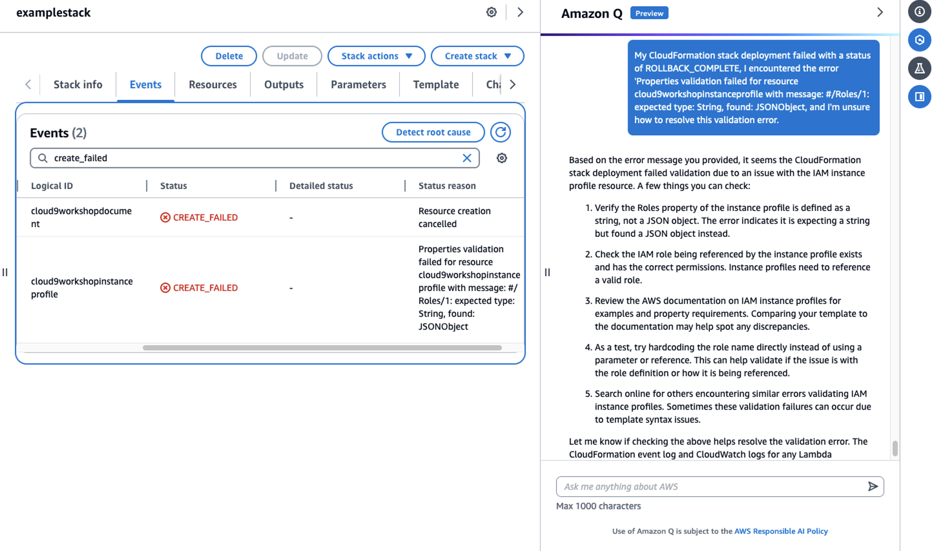 Reasoning stack failures by Amazon Q